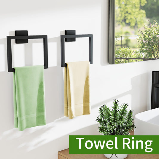 2 Pack Matte Black Hand Towel Holder, Stainless Steel Wall Mounted Hand Towel Holder for Bathroom, Modern Square Towel Ring for Bath, Kitchen, RV