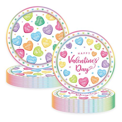 50 Pcs Valentines Day Paper Plates Party Supplies Colorful Conversation Heart Love Paper Plates 7 inch Disposable Cake Dessert Plates Tableware Set for Valentine's Day Anniversary Party Table Decor