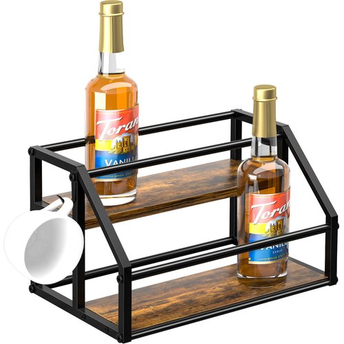 Homedawn Coffee Syrup Rack Organizer, Syrup Bottle Holder Stand for Coffee Bar, 2-Tier 8 Bottles Storage Shelves for Syrup, Wine, Dressing for Kitchen Countertop, Rustic Brown & Black