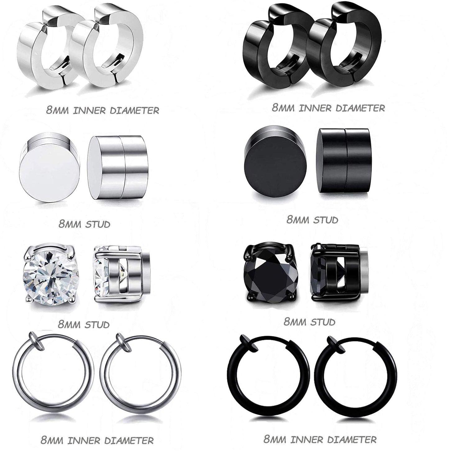 WAINIS 12 Pairs Stainless Steel Non Pierced Earrings for Men Women Magnet CZ Clip on Feather Dangle Earrings Set 8mm