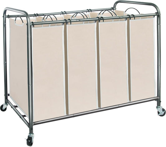 Storage Maniac Laundry Sorter - 4-Section 47.8 Gal Hamper Cart with Wheels & Removable Bags - Beige