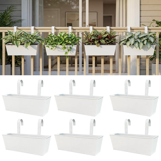LaLaGreen Rail Planter (16 Inch, 6 Pack) White Rectangular Metal Hanging Flower Railing Fence Balcony Gardening for Apartment Patio Planters Outdoor Deck Decoration Modern Garden Style Porch Decor