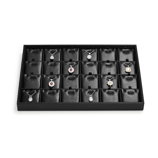 Papten 24 Grids PU Leather Necklace Tray Jewelry Display Tray for Drawers With Removable Jewellery Cards Necklace Pendant Tray (Black)