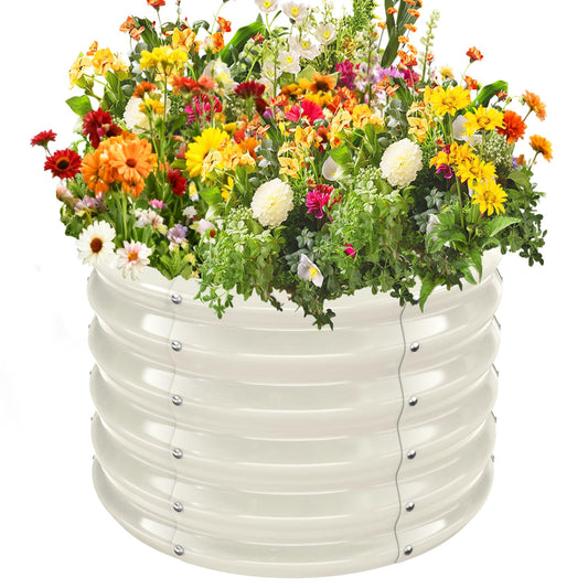 YSEJOMP 17" Tall Round Outdoor Garden Raised Garden Bed Kits-0.8MM Thick Metal Raised Planter Bed/Ground Planter Box for Variety of Flowers,Herbs,Vegetables,Trees (Cream White, 24 Dia X 16.5 inches)