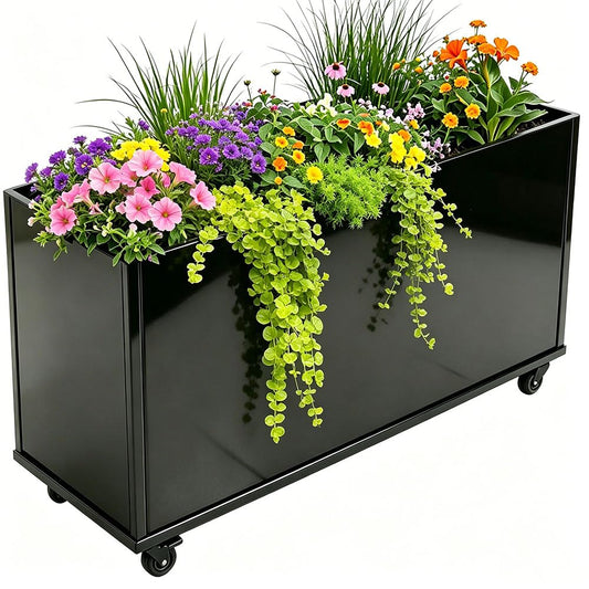 biubiusot Modern Metal Planter Box, Large Rectangular Planter for Outdoor Plants - Heavy Duty Tall Planter Box with Lockable Wheels for Porch/Patio/Garden (Black, 38"x12"x25")