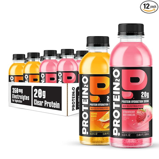 Protein2o Hydration Drink - 2-in-1 Liquid Clear Whey Protein Isolate and Electrolyte Drink - 20g Protein, Vitamins B5, B6 - Post-Workout Recovery - 16.9 Fl Oz - 12 Count Variety Pack