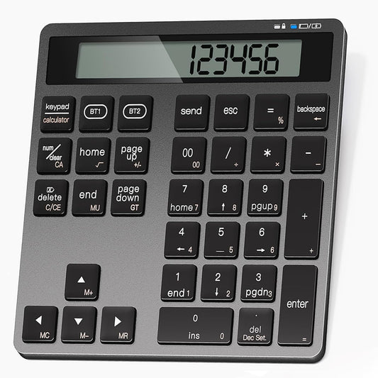 Awelbuy 34-Key Rechargeable Wireless Number Pad for Laptop, Dual Bluetooth Number Keypad with Calculator Display