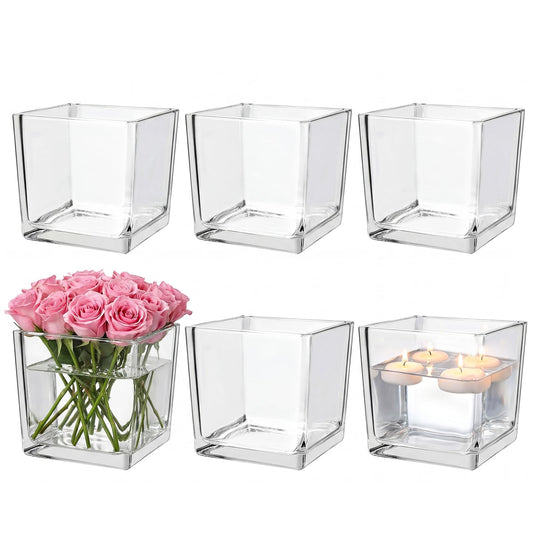6 Pack Square Glass Vases 5"x 5" x 5", Plant Terrarium, Floating Candle Holder, Clear Bulk Flower Vases for Centerpieces,Wedding Party, Office Decorations, Home Décor, Events