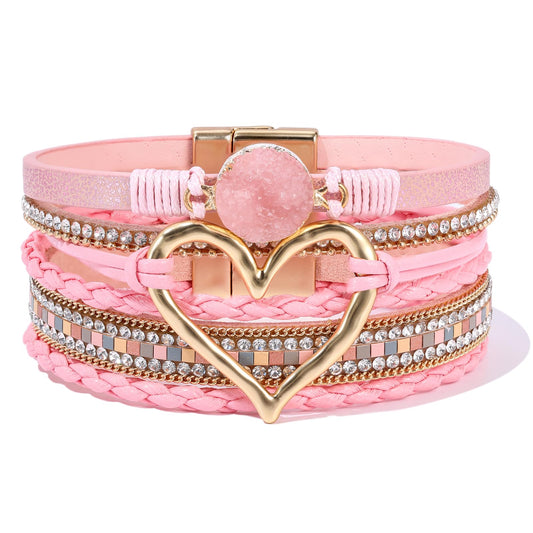 Becklynn Boho Leather Wrap Bracelets Beaded Crystal Stackable Cuff Bracelet with Magnetic Clasp Cowboy Cowgirl County Concert Outfits Western Jewelry Gifts for Women(Heart Pink)