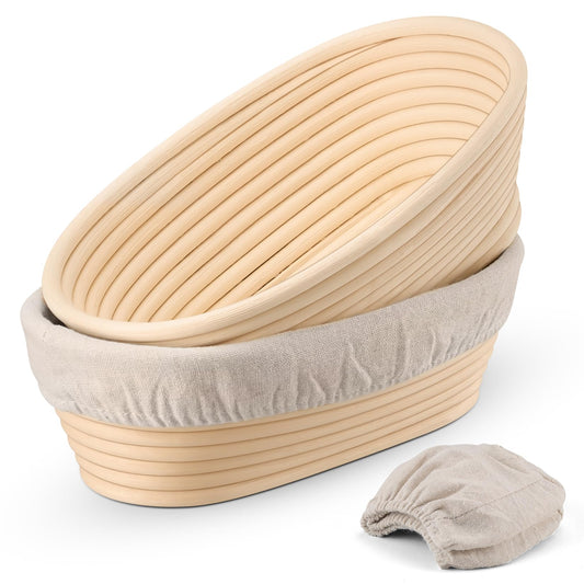 P&P CHEF Sourdough Bread Proofing Basket Set of 2, 10 Inch Oval Dough Proofing Bowls, Sourdough Bread Baking Supplies for Bakers, Handmade Rattan Baskets with Cloth Liner