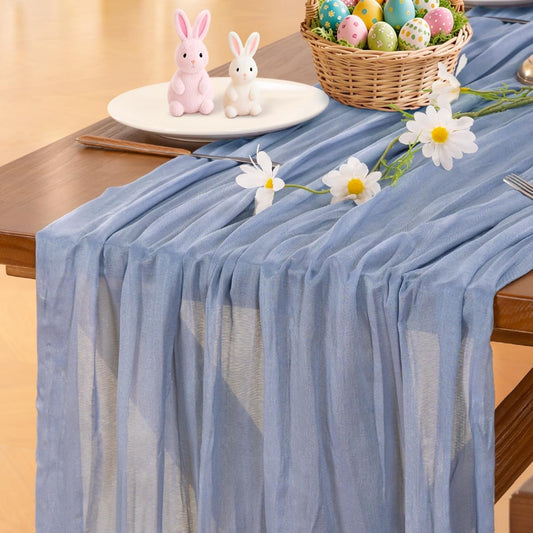 Socomi Cheesecloth Table Runner - Dusty Blue Boho Rustic Design | 120 Inch for Weddings & Events