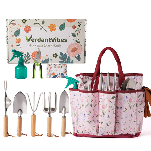 VerdantVibes Gardening Tools Set - 10 Piece Stainless Steel Garden Tools with Wood Handle, Pruners & Romantic Pink Floral Tote Bag - Cute Heavy Duty Gardening Gifts for Women Mom Wife