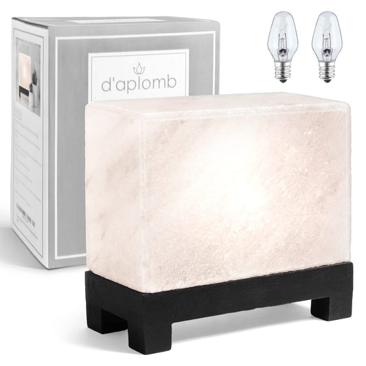 d'aplomb 100% Authentic Natural Himalayan Salt Lamp;Hand-Carved Modern Rectangle Rare White Crystal Rock Salt from The Himalayan Mountain; Footed Wood Base, Dimmer Cord; 11.5 lbs