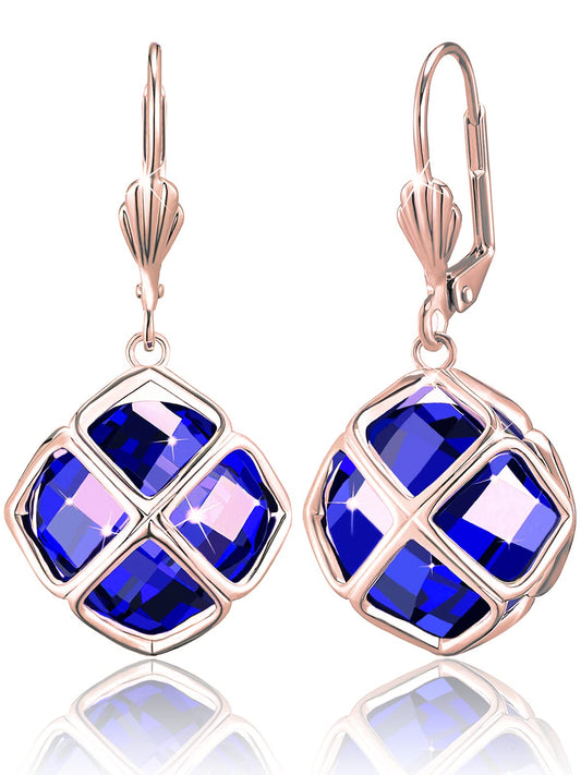 Big Dark Blue Crystal Dangle Earrings for Women (Sept-Sapphire-Rose Gold)