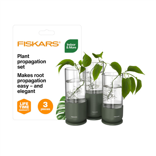 Fiskars Plant Propagation Set, Glass Vases with Metal Stands for Rooting Cuttings, Hydroponic System for Growing Plants in Water & Decorative Display for Indoor Garden Decor, 3 Pack, Clear