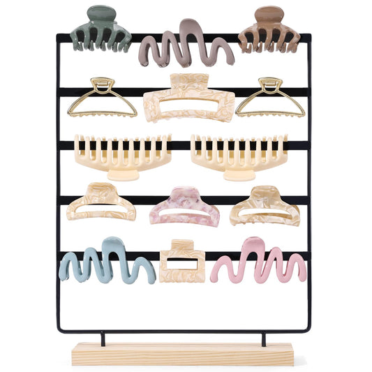 SNOWSTAR Hair Claw Clip Holder Organizer - 5 Tier Iron Rod Hair Clip Holder Storage for Women Girls, Wood Base Desktop Organizer