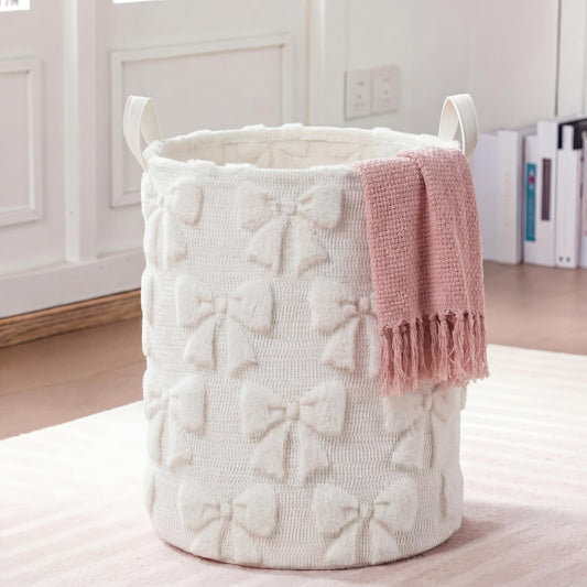Blushtier White Bow Laundry Hamper Girls Room Decor Coquette White Bow Plush Faux Fur Basket Kids Large Storage Basket Collapsible Organize Bins for Gifts Toys Blanket Clothes Nursery Bedroom