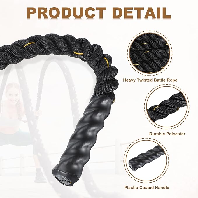MECCANIXITY Battle Rope 30ft x 2 Inch Polyester Workout Rope Heavy Fitness Exercise Rope for Strength Training Home Gym Muscle Building, Black Yellow