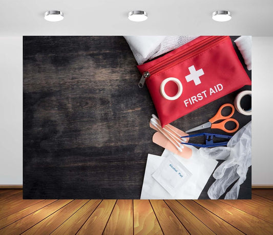 BELECO 7x5ft Fabric Medical Healthcare Backdrop First Aid Medical Kit on Brown Wooden Board Background Doctor Nurse