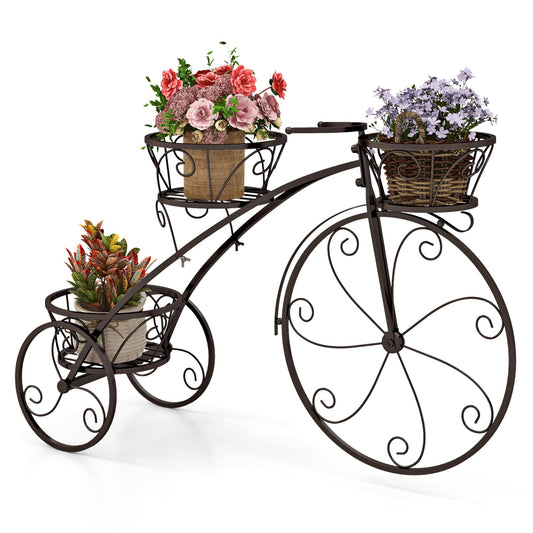Giantex Metal Bicycle Planter, 3 Tier Tricycle Flower Plant Stand w/ 3 Decorative Wheels, Parisian Style Flower Display Stand Cart for Home Decor Patio Garden Flower Shop Indoor Outdoor (Bronze)