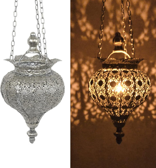 Westcharm Antique Silver Moroccan Lantern - Elegant Metal Hanging Pendant Light for Indoor/Outdoor Use - Small