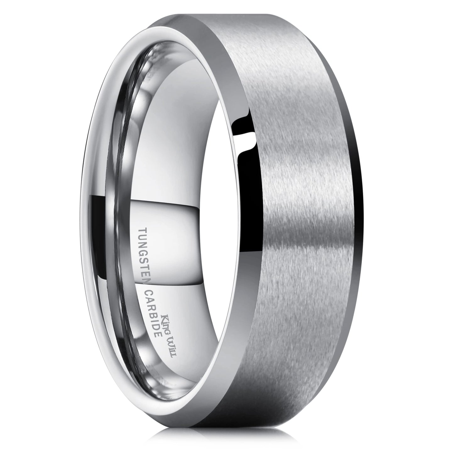 King Will Silver 7mm Men's Wedding Ring - Brushed Matte Finish, Beveled Polished Edge, Comfort Fit Size 8