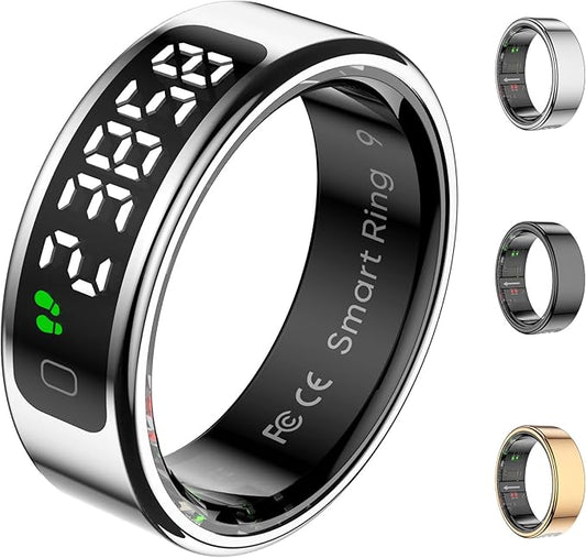 Smart Ring Health Tracker with Display Screen, Sleep Tracker Ring with Heart Rate, Fitness Ring Step tracker for Activity Monitoring/Steps/Calories,Wireless Charging, for iOS Android (Silver,8#)