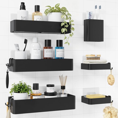 Kitsure Shower Caddy Adhesive - Stylish No-Drill Bathroom Organizer with Soap Holder & Hooks | Large Black 6-Pack