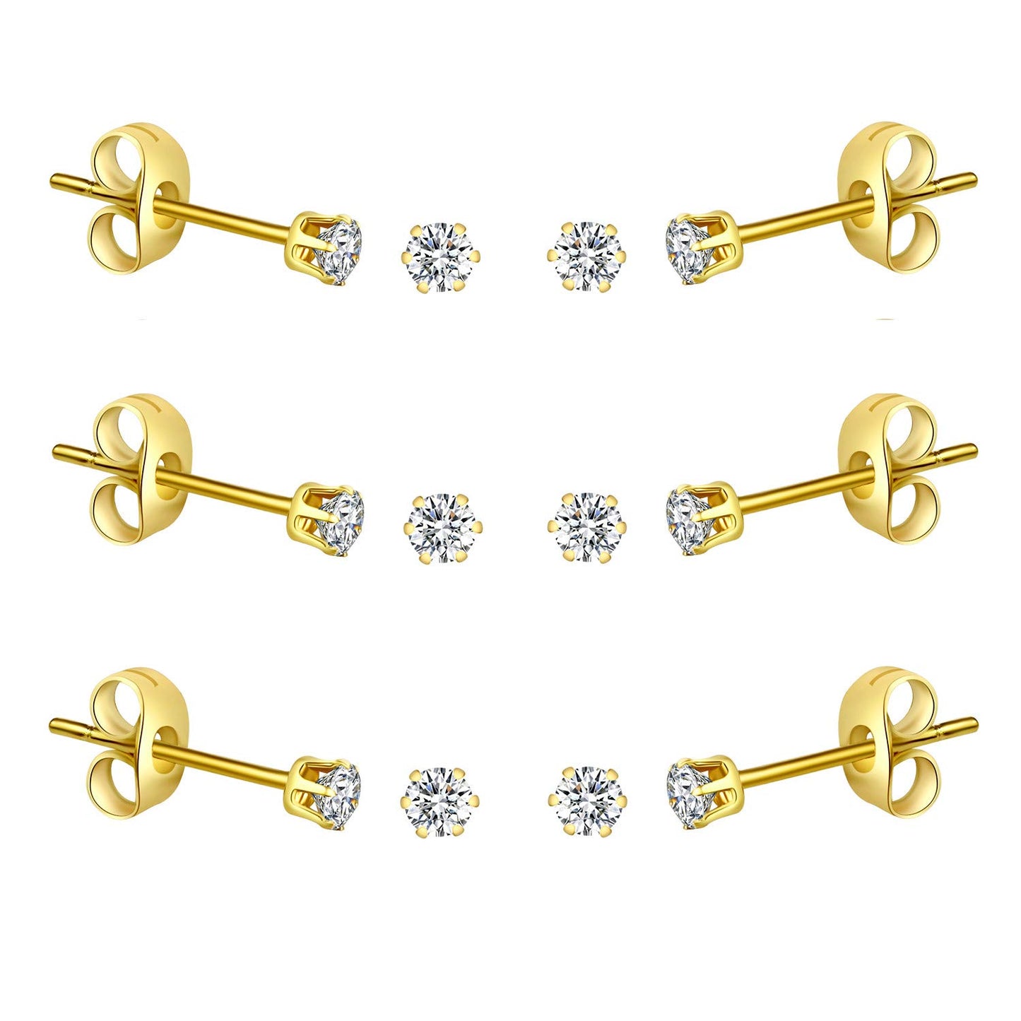 FOSIR 6 Pairs 3mm Tiny Women's 14K Gold Plated Stainless Steel Cubic Zirconia Stud Earrings, Hypoallergenic 316L Earrings Pack