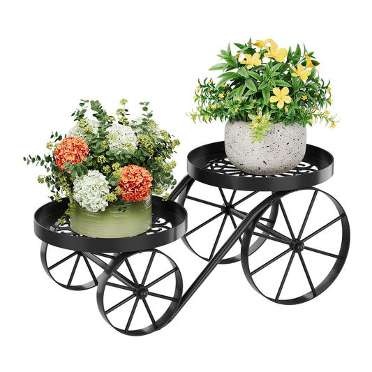 Cute Plant Stand Indoor Outdoor 2-Tier Metal Heavy Duty Flower Pot Holder with Decorative wagon wheels, Multi-Use Planter Display Rack Shelf for Garden Patio Balcony Living Room Corner (Black)