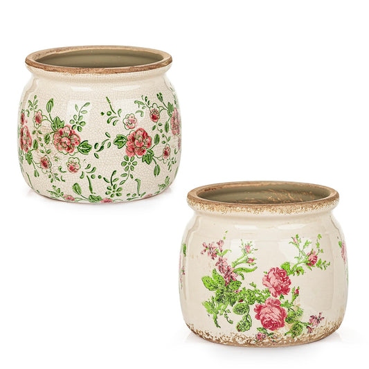 Sungmor Set of 2 Farmhouse Ceramic Planters with Drainage Hole,Vintage Crackle Glaze Flower Pots, Tuscan Decor Pots for Indoor/Outdoor Herbs,Succulents and Small Flowers