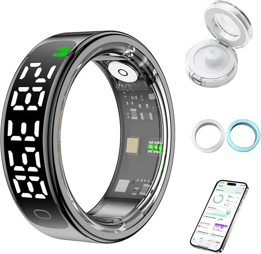 Smart Health Ring for Women Men, Smart Ring Fitness Tracker for iOS Android, Heart Rate, Blood Oxygen, Blood Pressure, Sleep Monitoring,5ATM Waterproof, No Subscription Fee (Black, 13#)