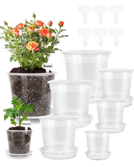 Biotolot 6 Pack Clear Nursery Pots with Drainage 9.5/8/7.5/6.7/5/4.5 Inch Nursery Pots with Saucers Transparent Seedling Pots Including Plant Labels Seed Starting for Indoor Outdoor Home Gardening