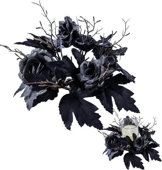 Skiennix Gothic Halloween Wreath - Black Candle Rings & Maple Rose Garland | Perfect for Home Decor