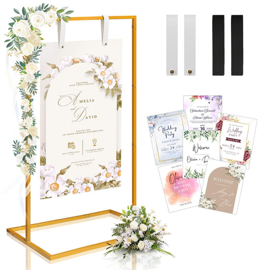 Wedding Sign Holder - Adjustable Welcome to Our Wedding Sign Stand Stand with 39 Premium Templates & Leather Straps, 64"x 30"x 20" Heavy Duty Easel Stand for Sign Display Poster, Wedding, Birthday