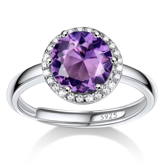 Bestyle 925 Sterling Silver Round Crytsal Cubic Zirconia Rings | Classic Silver February Amethyst Crystal Birthstone Rings for Women, Great Birthday Gift for Daughter/Wife/Mom/Grandma