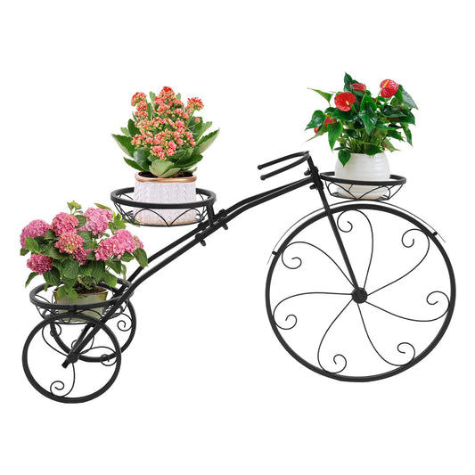 XUANIIIL Metal Tricycle Planter, 3 Tier Vintage Bicycle Planter Metal Flower Pot Cart Holder with 3 Plant Bucket Plant Corner Shelf for Patio, Garden, Deck, Lawn