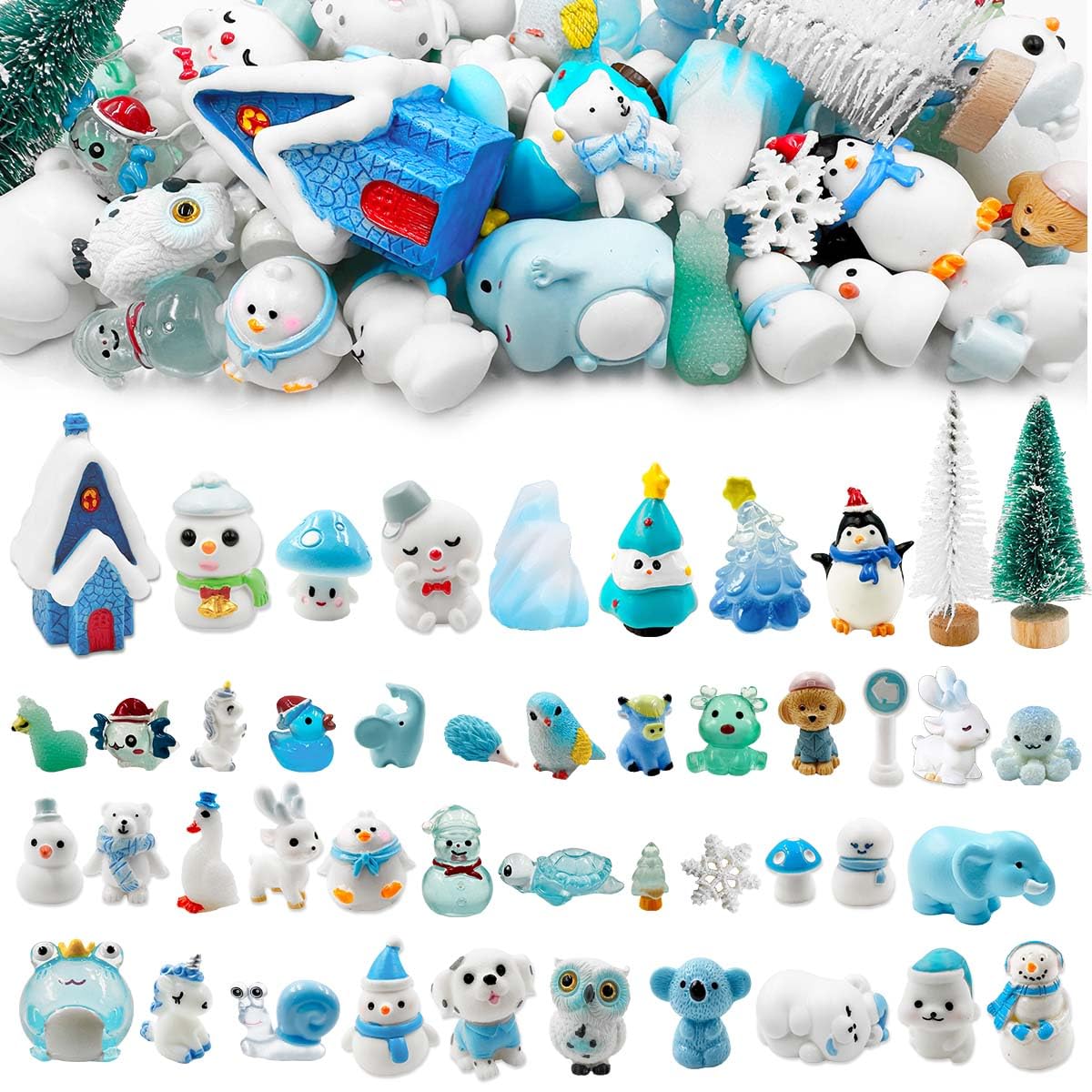 Suartus Christmas Miniature Figurines - 46 Winter Mini Resin Animal Figurines Tiny Christmas Figures Model Statue Ornaments for Xmas Fairy Garden Moss Landscape Potted Plant Snow Globes Home Decor