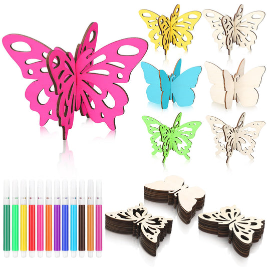 Blosssound 48 Pcs Spring Crafts Set 36 Wood Butterfly for Crafts 3D Butterfly Cutouts with 12 Colored Pens Wooden Unfinished Slices for Painting Summer Tiered Tray Tabletop Decor DIY Handmade
