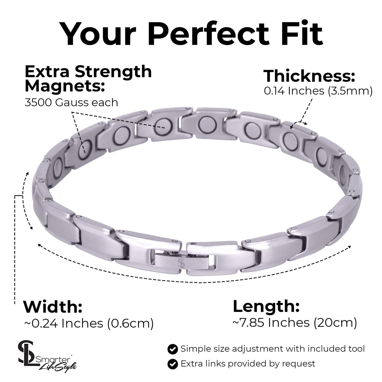 Smarter LifeStyle Elegant Titanium Magnetic Bracelet for Women - Adjustable Bracelet Length with Sizing Tool for Perfect Fit, Womens Magnetic Bracelet (Silver)