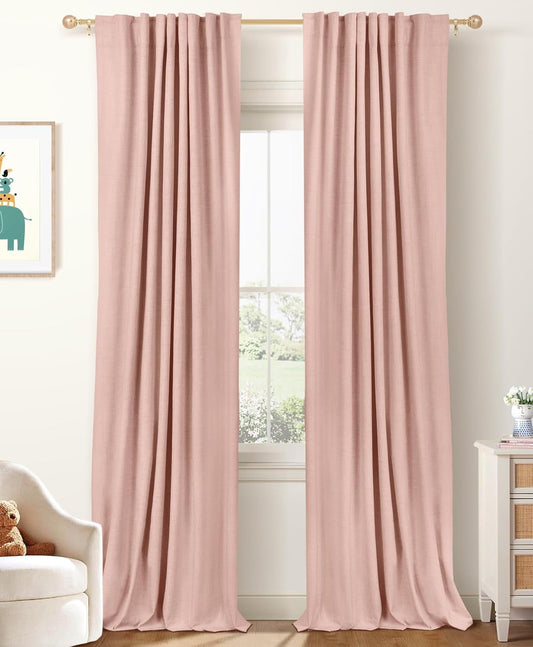 Skiennix 100% Blackout Linen Curtains - Thermal Insulated Drapes for Bedroom | 50" W x 120" L, Blush Pink - 2 Panels Set