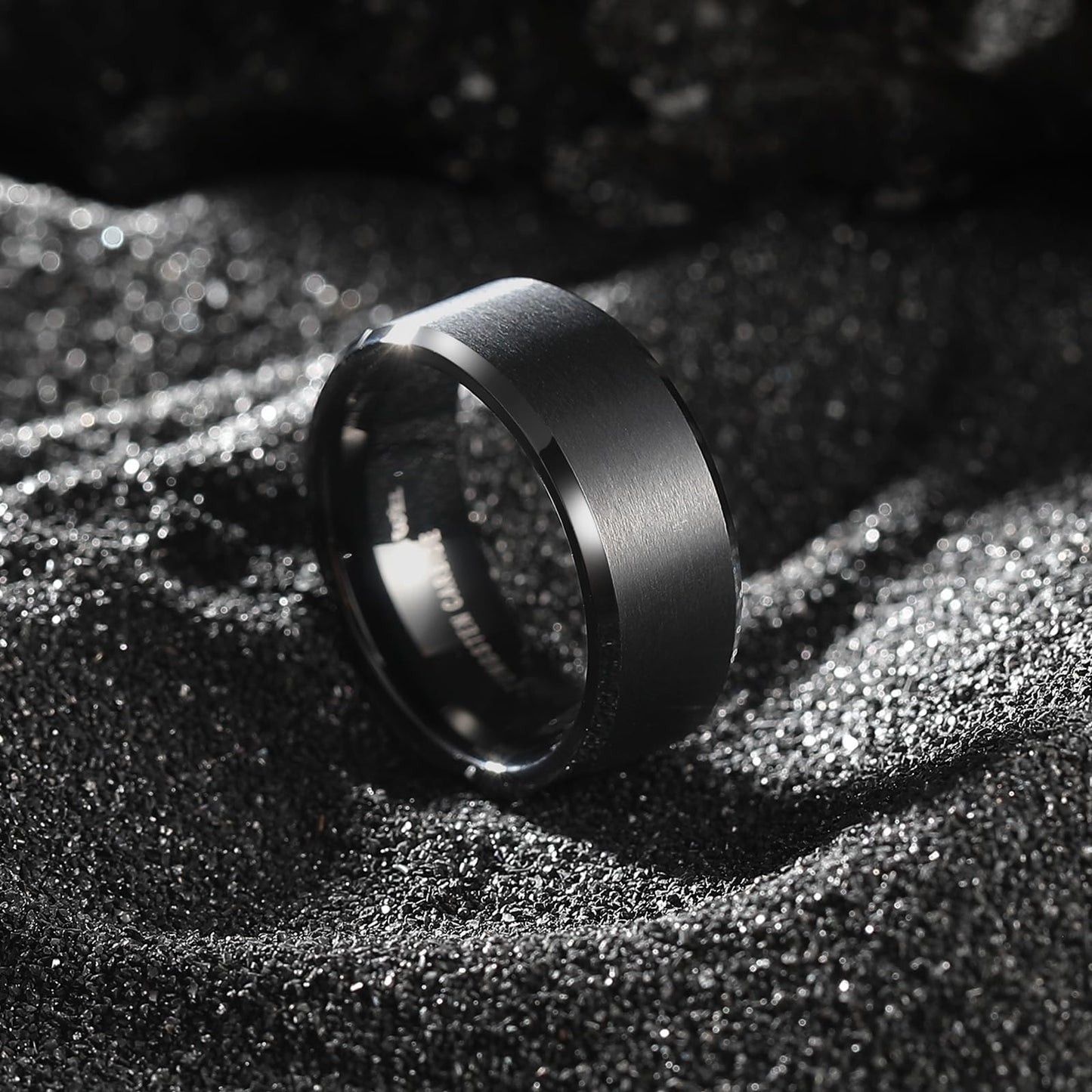 King Will 8mm Men's Black Wedding Ring - Brushed Matte Surface, Beveled Polished Edge, Comfort Fit Size 5