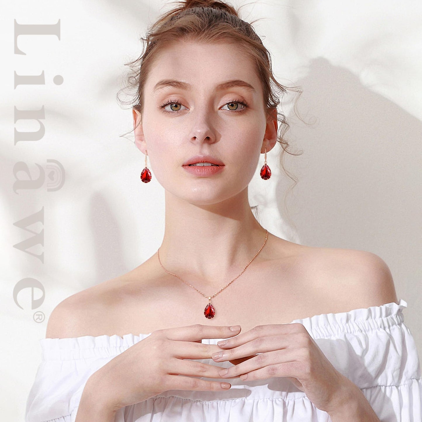 Linawe Lab Created Garnet Ruby Crystal Wedding Jewelry Sets Rose Imitation Gold Plated, Imitation Diamond Pendant Necklace Set, Drop Dangle Red Earring Set, Teardrop Rhinestone Fake Birthstone Matching Jewelry for Women