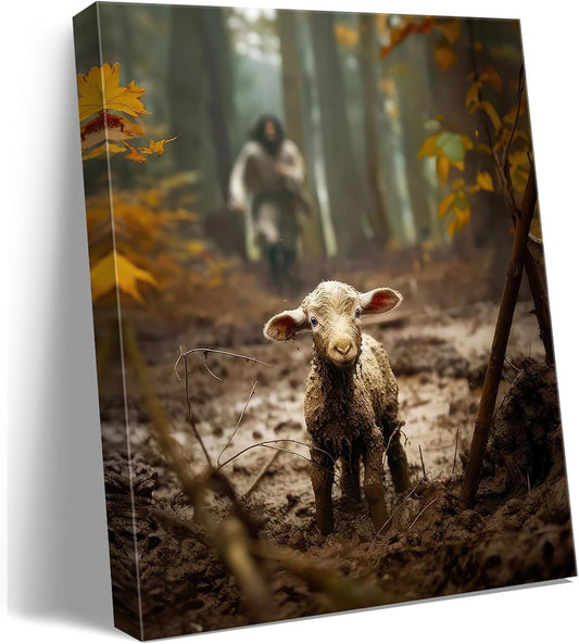 Regine Switzerland Christian Wall Art - Jesus Running After Lost Lamb Canvas Print | Perfect for Prayer Rooms & Baptism Gifts