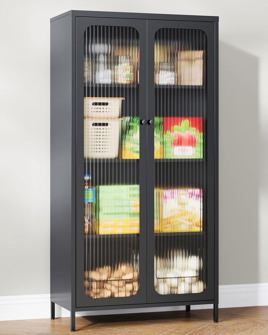 PEUKC 63'' Kitchen Pantry Storage Cabinet, Display Cabinet with Glass Doors and 3 Adjustable Shelves, Metal Kitchen Hutch Storage Cabinet for Dining Room, Living Room (Black)