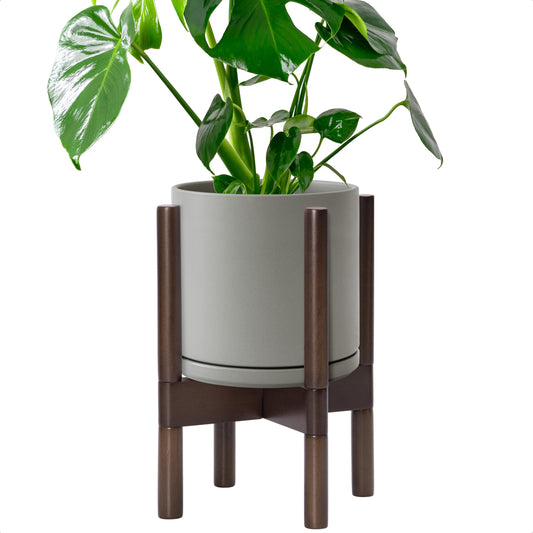 D'vine Dev Ceramic Planter with Walnut Color Stand - 8 Inch Modern Round Flower Pot with Wood Planter Holder, Grey, 55-B-Y-3