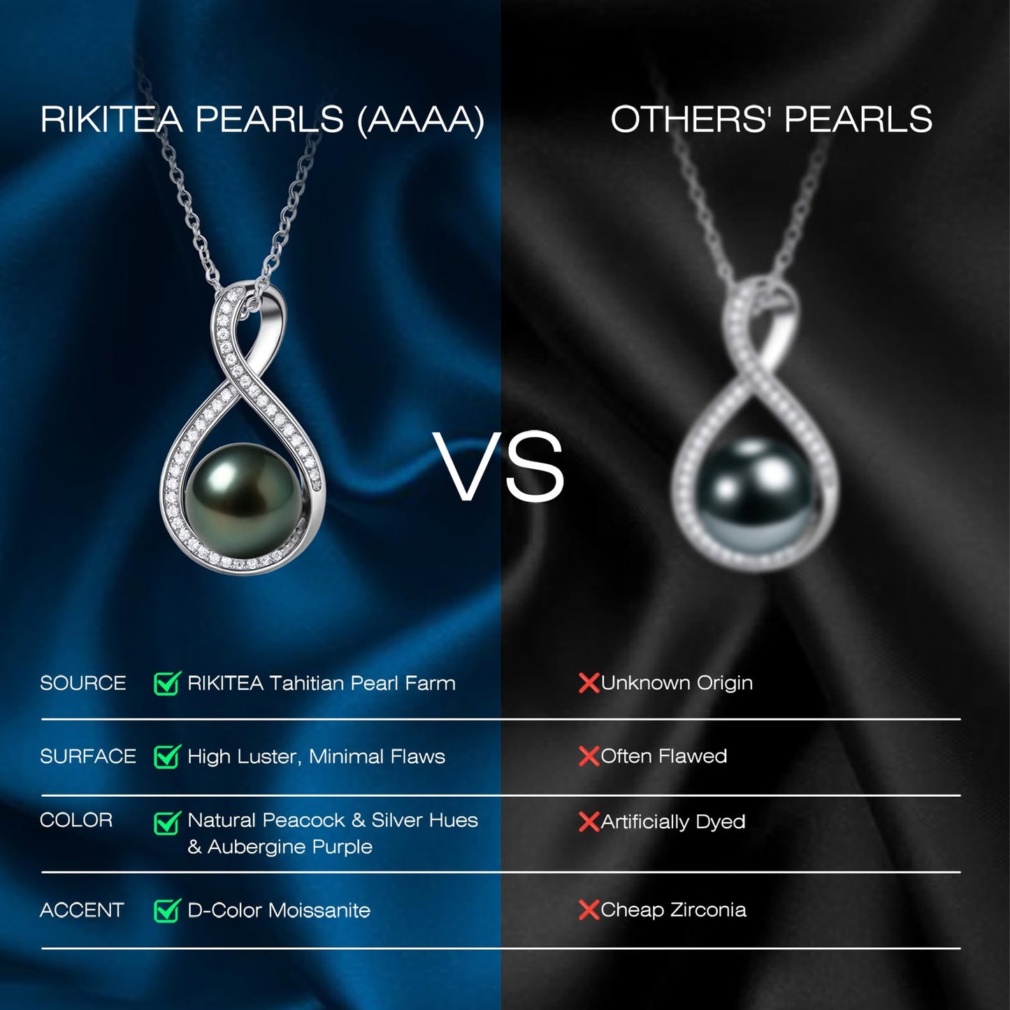 Genuine Tahitian Black Pearl Necklace - Christmas Gift for Wife Mom Daughter, Jewelry Gifts for Anniversary Wedding Birthday, 10-11mm Seawater Pearl with Sterling Silver Infinity Moissanite Pendant