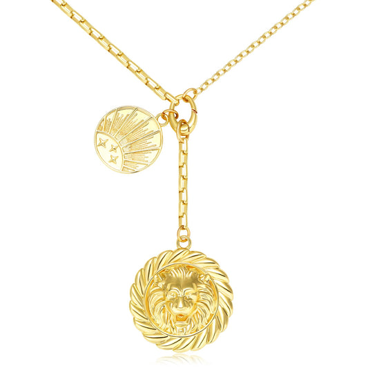 BONJOULRY Chunky Gold Lion Medallion Charm Sun Coin Pendant Necklace for Women 18K Gold Plated Dainty Paperclip Link Chain Choker Necklaces Trendy Celestial Jewelry Holiday Gift