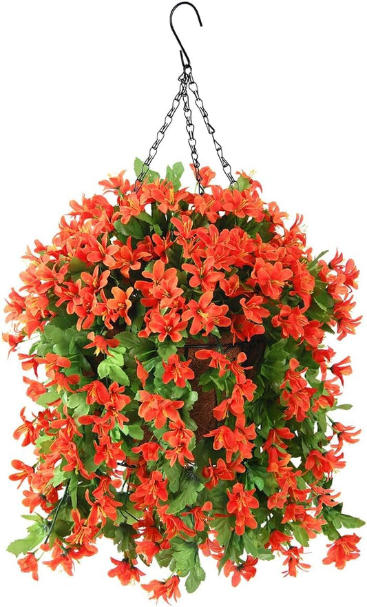 INQCMY Artificial Faux Hanging Plants Flowers in Basket for Outdoor Outside Spring Decor,UV Resistant Fake Silk Violet in Planter Realistic for Home Patio Balcony Garden Yard Decoration(Orange)
