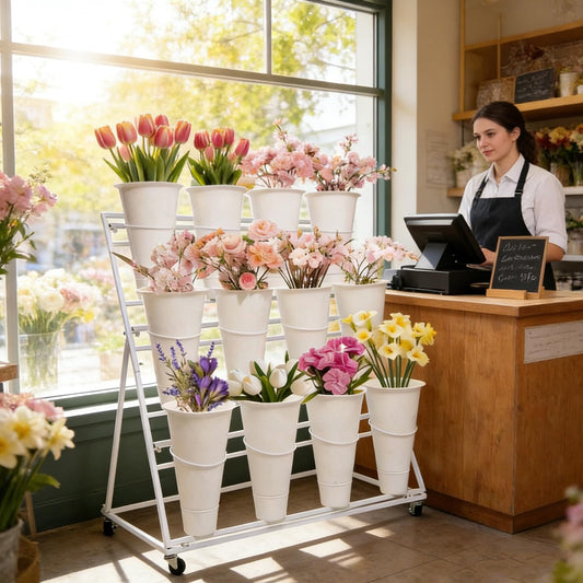 Flower Display Stands With Buckets, With 12pcs Buckets, 3-Tier Rolling Flower Bar,Heavy Duty Metal Flower Cart,For Indoor/Outdoor Use, Wedding Decor & Florist Displays (A - White frame, white bucket)